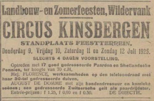 Advertentie circus Kinsbergen, De Noord-Ooster 07-07-1925