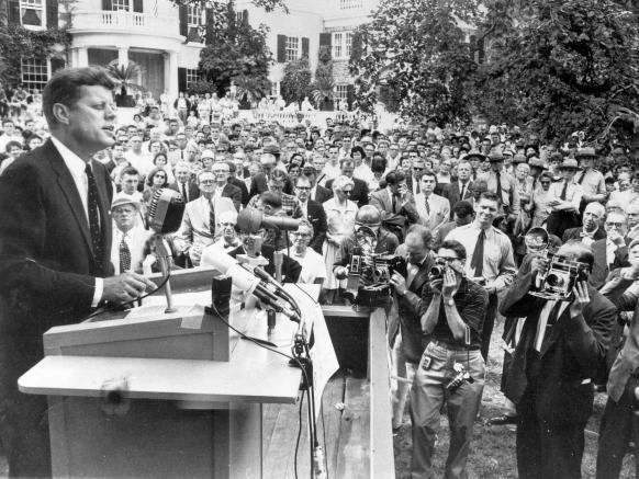 John F. Kennedy speaking at Springwood, the Roosevelt home in Hyde Park, New York (1960)