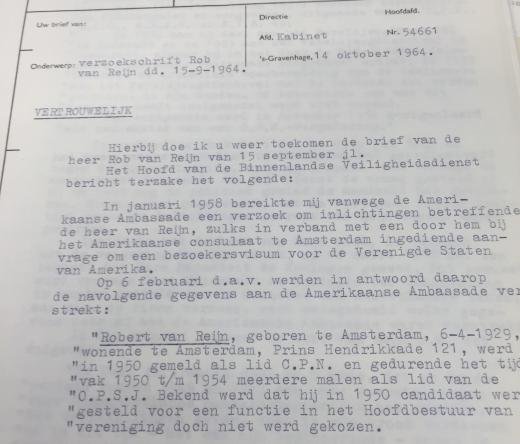BVD verstrekt informatie aan Amerikaanse ambassade over Van Reijn