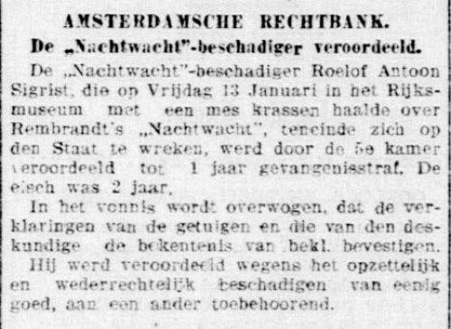 Krantenbericht vernieling nachtwacht 1911