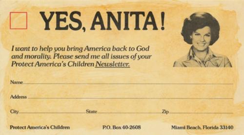  Fundraising card used by Anita Bryant to support Save Our Children. 