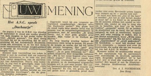 Drs. A.J. Noordhoek, 'Het A.S.C. speelt "Dachau'tje"', Nieuwe Rotterdamsche Courant, 8 oktober 1962