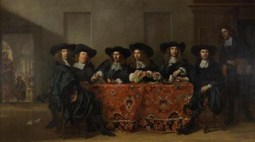 Zes regenten en de binnenvader van het Oude Zijds Huiszittenhuis te Amsterdam, 1675, Pieter van Anraedt, 1675