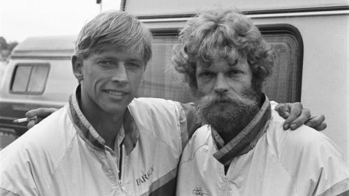Zwart/wit foto van zijspanduo Streuer en Schnieders