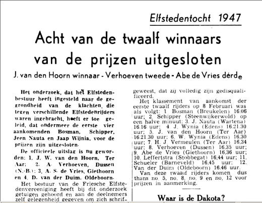 elfstedentocht 1947 krantenkop L.C. 18-03-1947