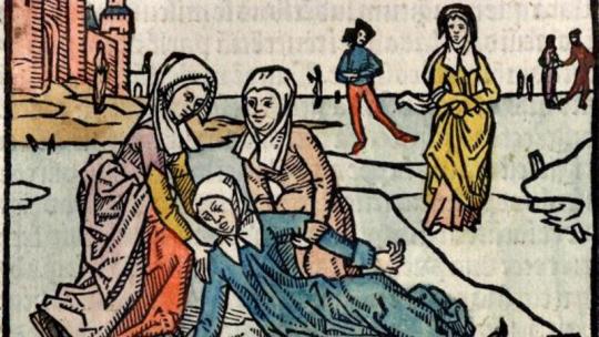De beroemde val van Liduina in 1395 - getekend door Johannes Brugmans in 1498