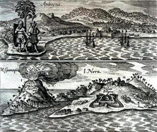 VOC-handelsposten op het vulkanische Ambon en Neira (1655) met de nog steeds werkende Gunung Api (658m), het eiland in zwaveldamp hullend.