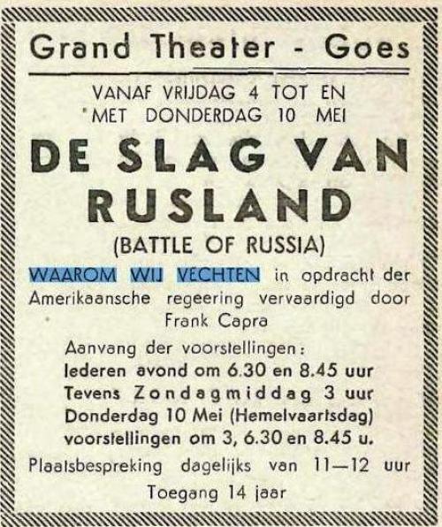 Advertentie voor de vertoning van De Slag om Rusland in Goed in april 1945